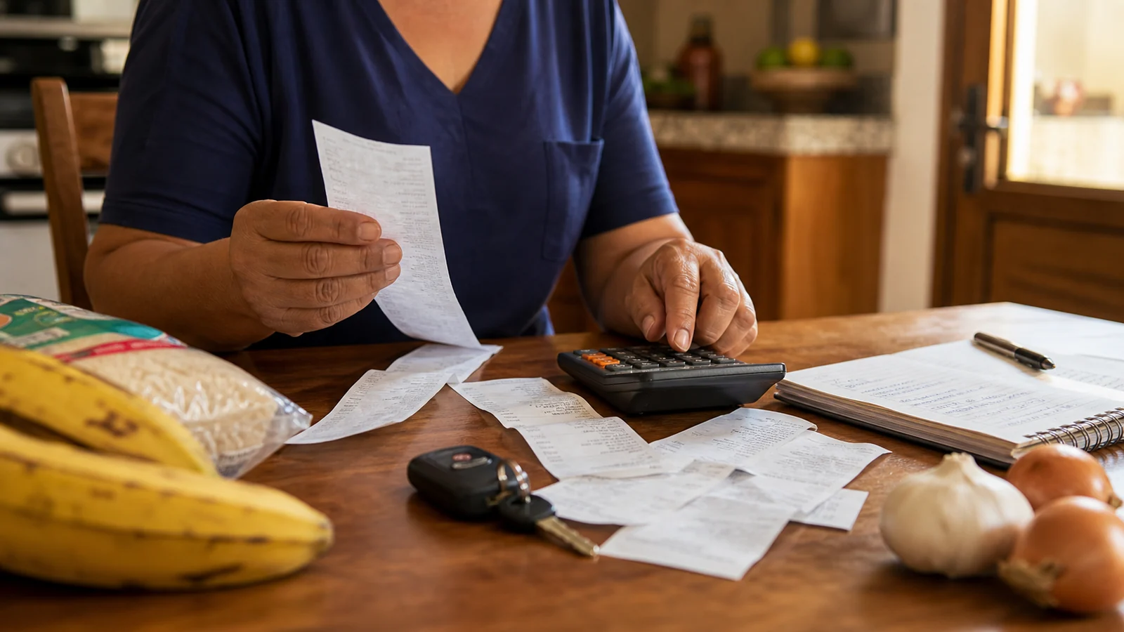 Una persona revisa recibos y cuentas del hogar en una mesa dominicana.