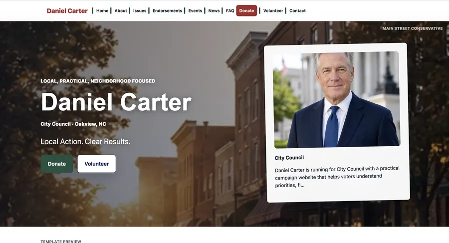 Main Street Conservative campaign website template preview