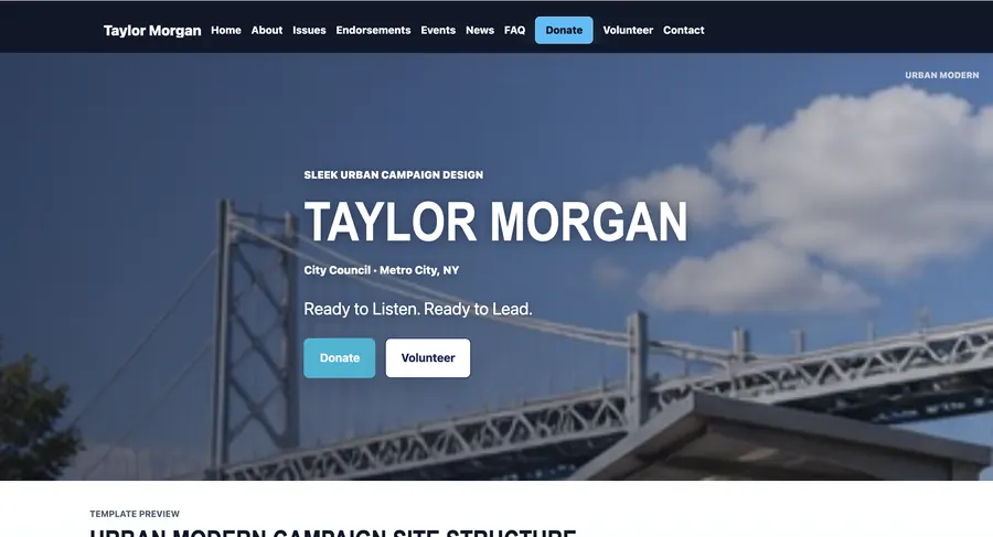 Urban Modern PoliticalWin campaign website template screenshot